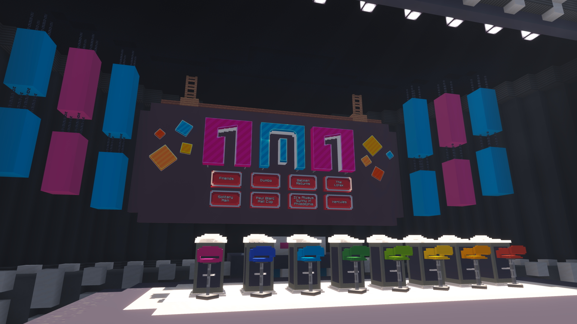 A screenshot within Minecraft of the 101 Ways To Leave A Mineshow studio set. Eight answers are shown as being available, and eight different coloured barstool-styled chairs are on the stage.