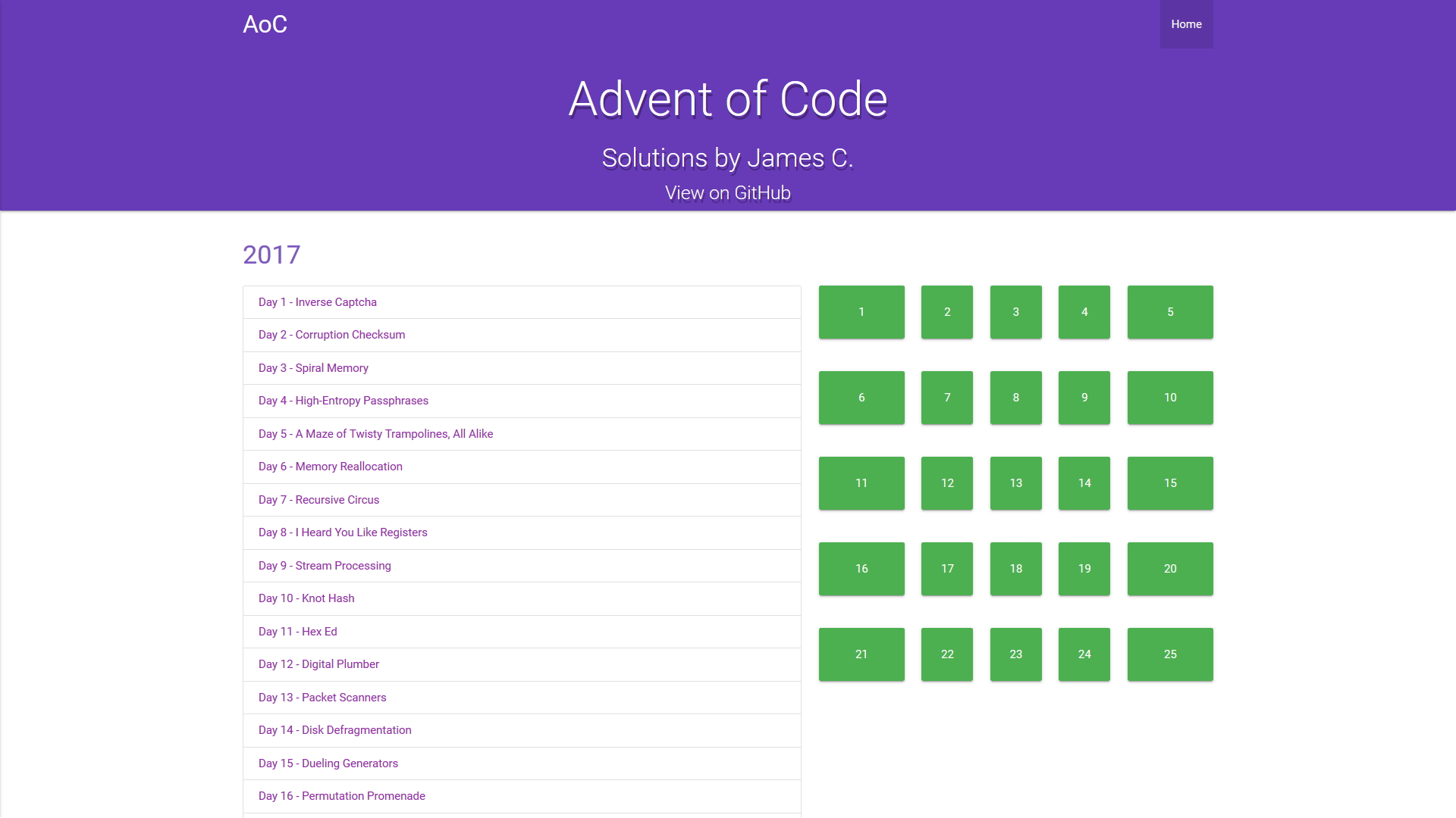 A screenshot of James' solutions website for Advent of Code. The list of puzzles for 2017 is visible, and all 25 days are shown as being completed.