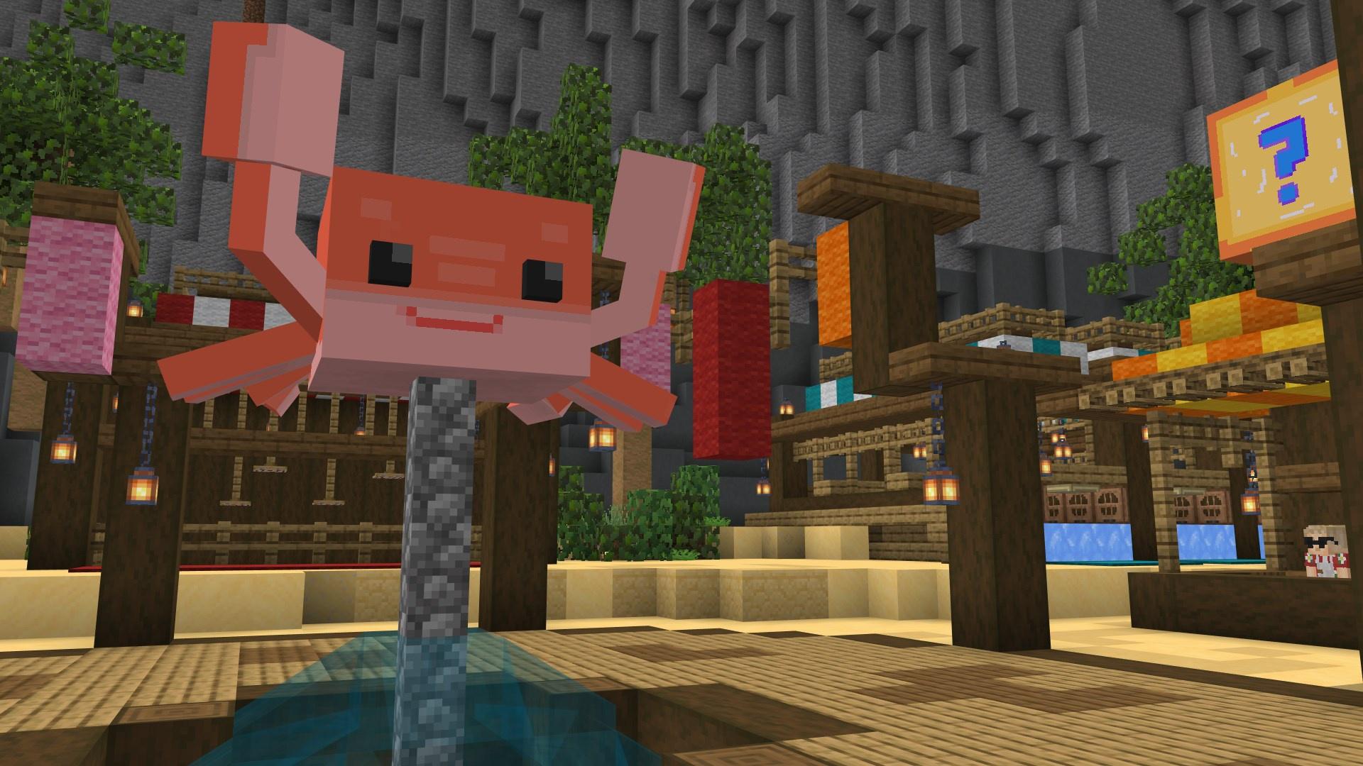 A screenshot within Minecraft of the main crab statue in Crab Cove Carnival. Some carnival games can be seen in the background, as well as a vendor stall with a box on its roof. The box has a question mark on its side.