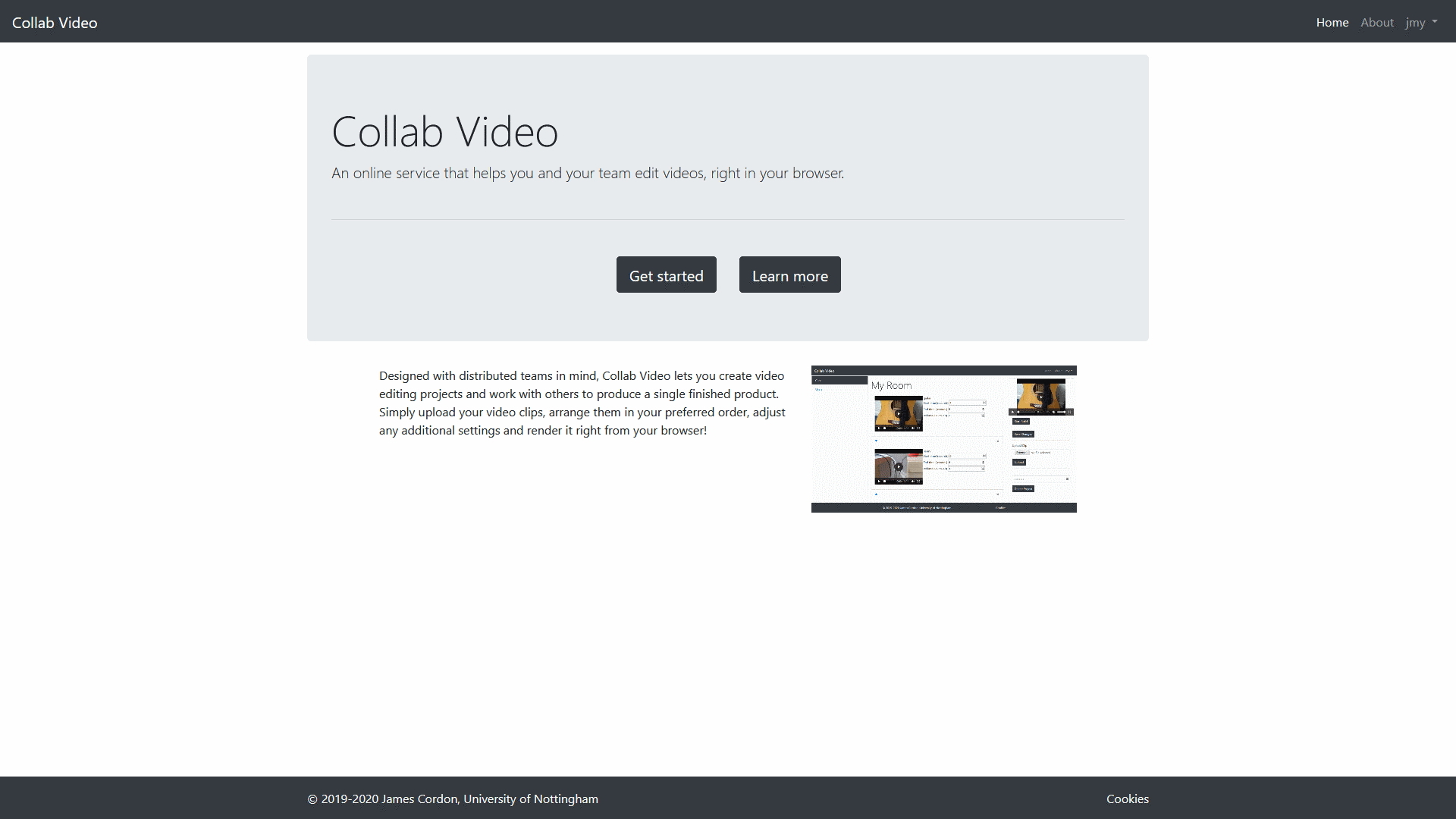 A screenshot of a website titled "Collab Video", with the tagline "An online service that helps you and your team edit videos, right in your browser". A screenshot within the page shows a project page, with some video clips loaded.