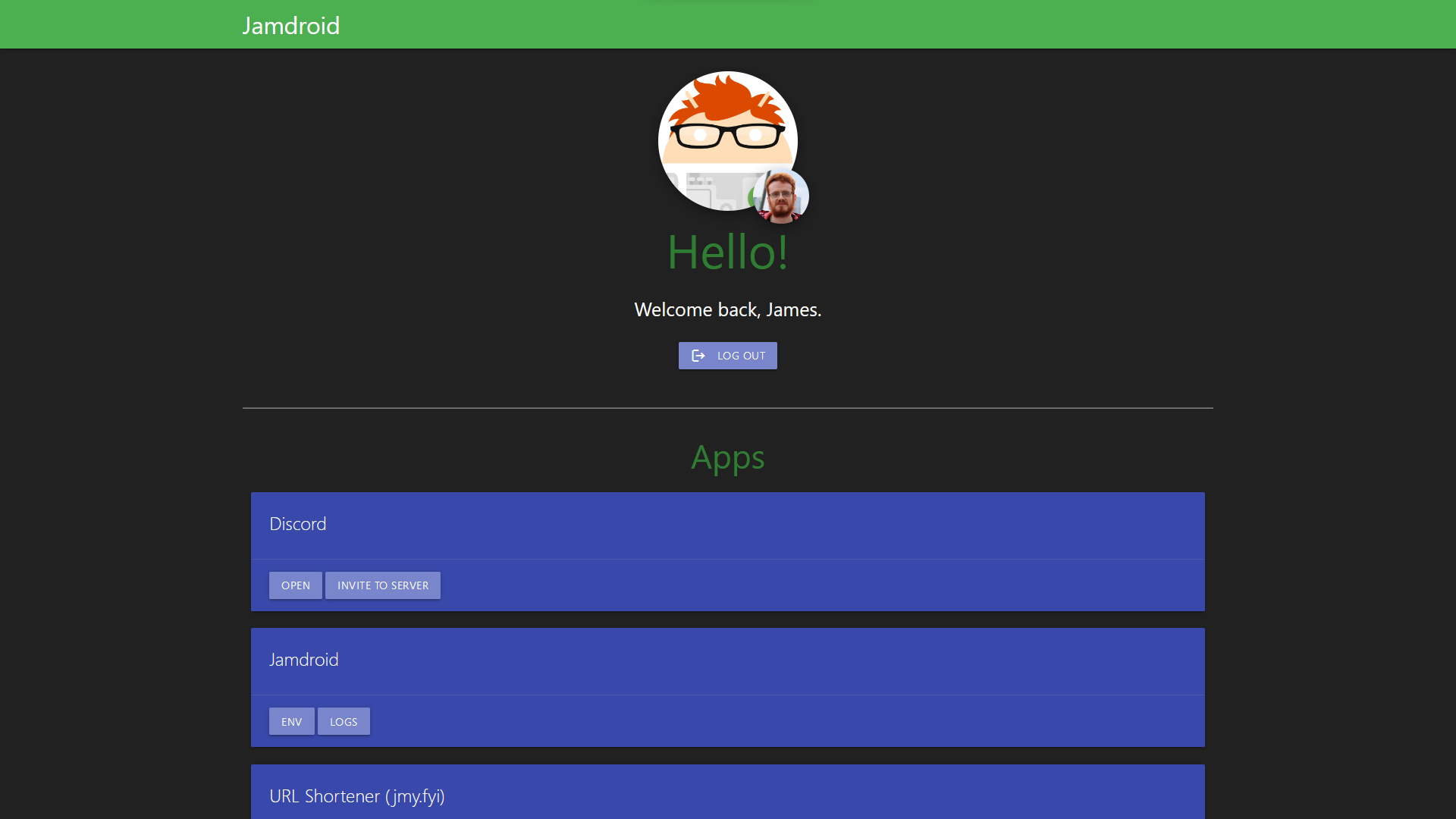 A screenshot of the website Jamdro.id. At the top of the page is a message welcoming James, the current logged in user. Application boxes for "Discord", "Jamdroid" and "URL Shortener (jmy.fyi)" are visible.
