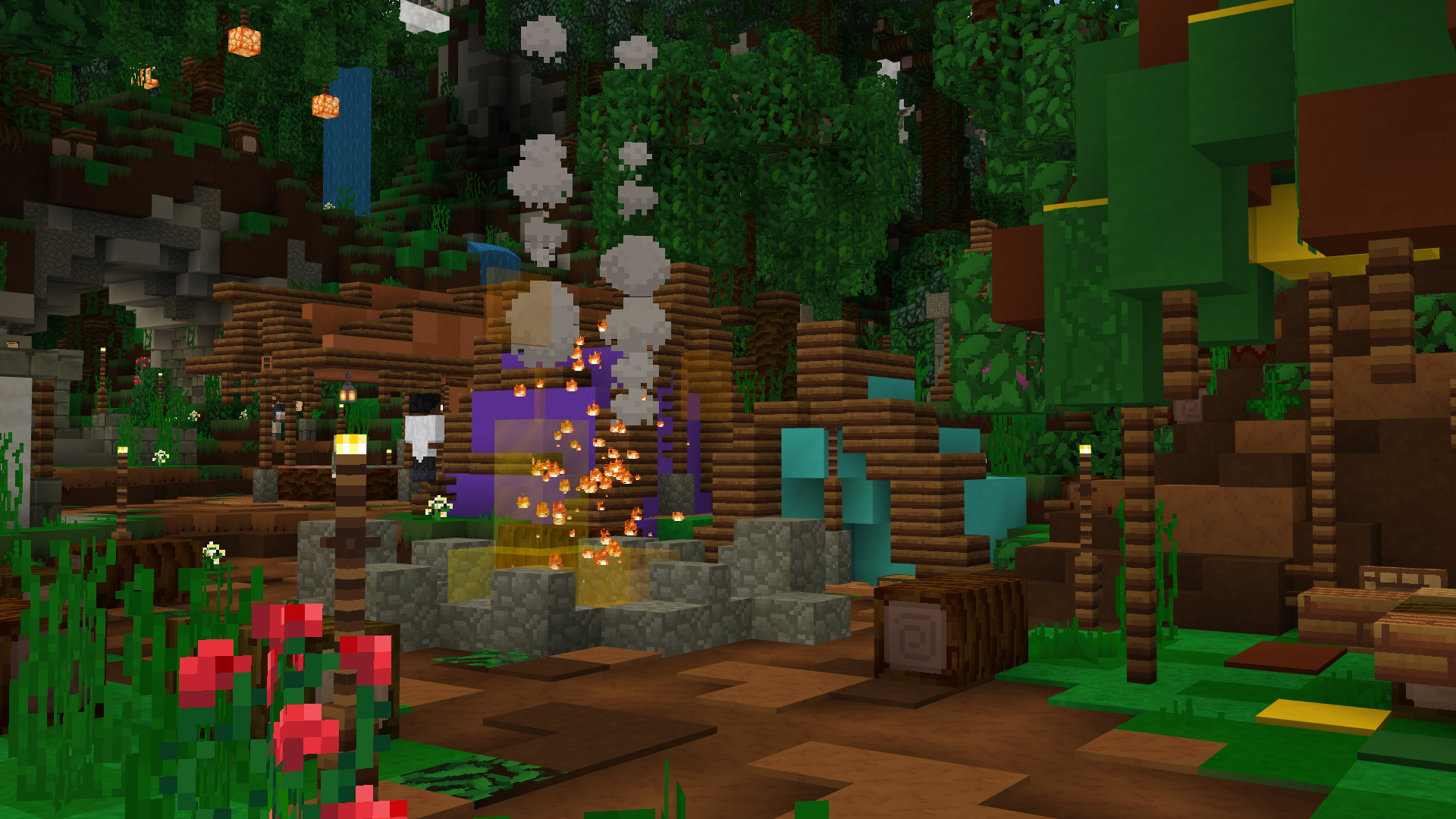 A screenshot within Minecraft of the main camp area in Jungle Royale. A campfire is burning, and is surrounded by several tents. Trees take up most of the space in the background.