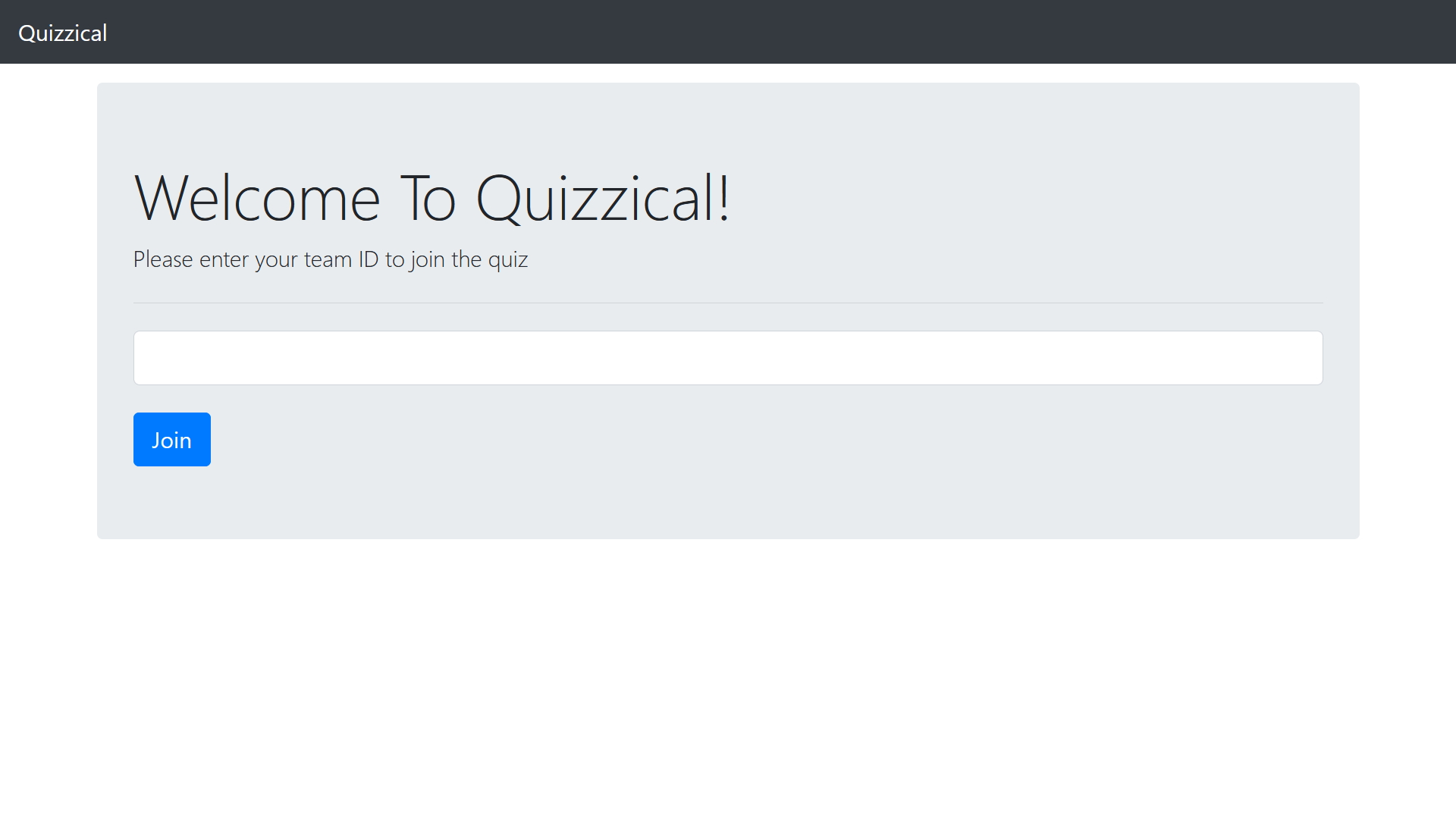 A screenshot from a website called "Quizzical". A text entry box is shown in the centre of the screen, with a join button below it. Above it is the instruction "Please enter your team ID to join the quiz".