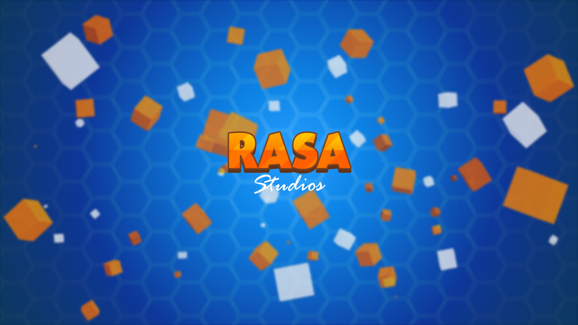 The RASA Studios logo in front of a tiled blue hexagon background. There are white and orange cubed scattered around the background in front of the hexagons.