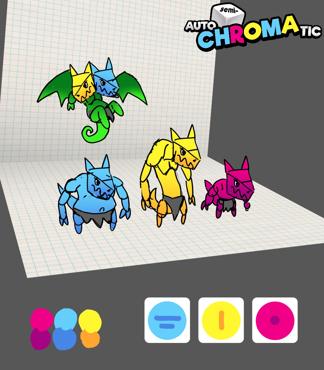 Concept art showing ideas for the cyan enemy, yellow enemy, magenta enemy, and a combined cyan/yellow enemy with a two heads and a green body. Ideas for the faces of the dice can be seen, with the cyan die having two horizontal lines, the yellow die having a single vertical line, and the magenta die having a circle. The game logo can be seen in the top right.