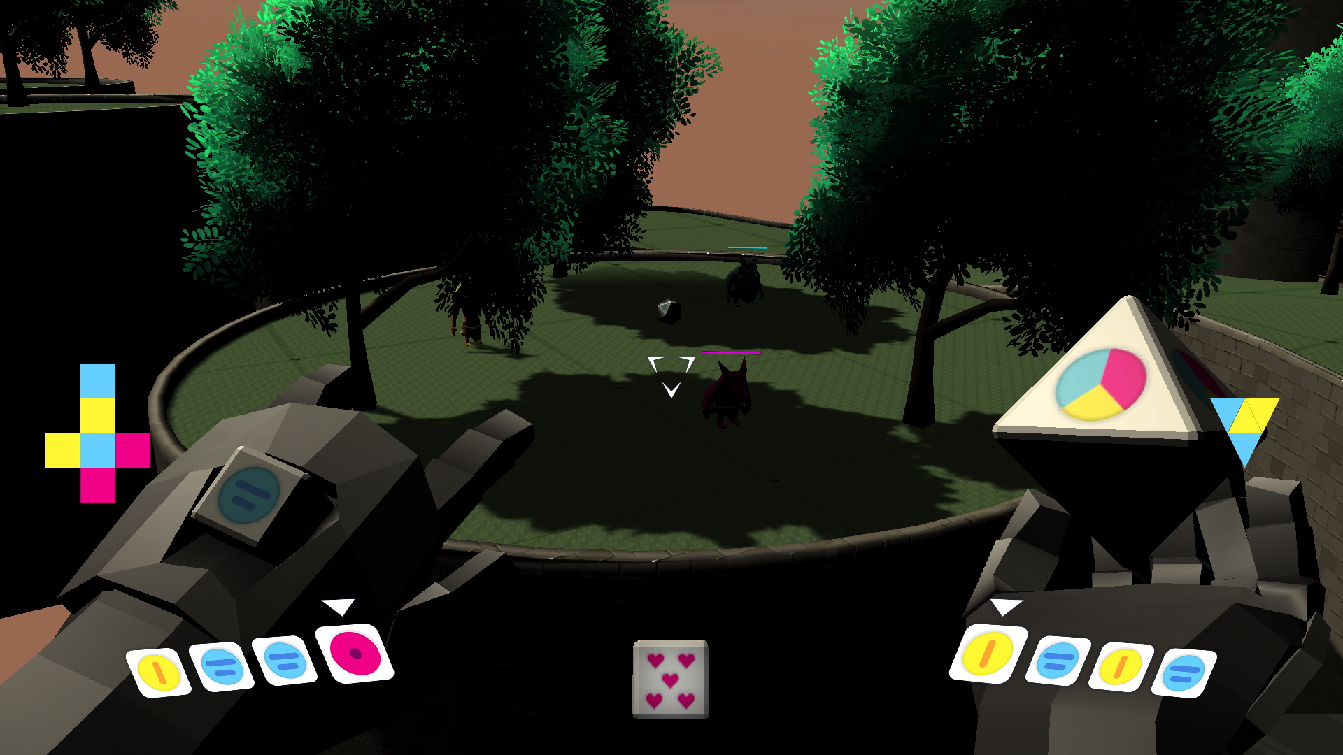 A screenshot from a 3D first-person shooter game. The player is looking down at some green terrain with threes on it. On the terrain are some enemies, each with a different colour and health bar of a matching colour. At the bottom of the screen, a die with 5 hearts on it can be seen. In the bottom left of the image is a hand with a die embedded in it. Next to this hand are a net of a cube with even numbers of cyan, yellow, and magenta faces, and below this are four slots for ammo. One slot has a magenta circle, two have cyan circles, and one has a yellow circle. In the bottom right of the image is a second hand holding a floating octahedron with faces showing all three colours together. Next to this hand are a net of an octahedron with two cyan faces and two yellow faces, and below this are four more slots, two of which show yellow circles and two of which show cyan circles. In the centre of the image is a triangular reticule.