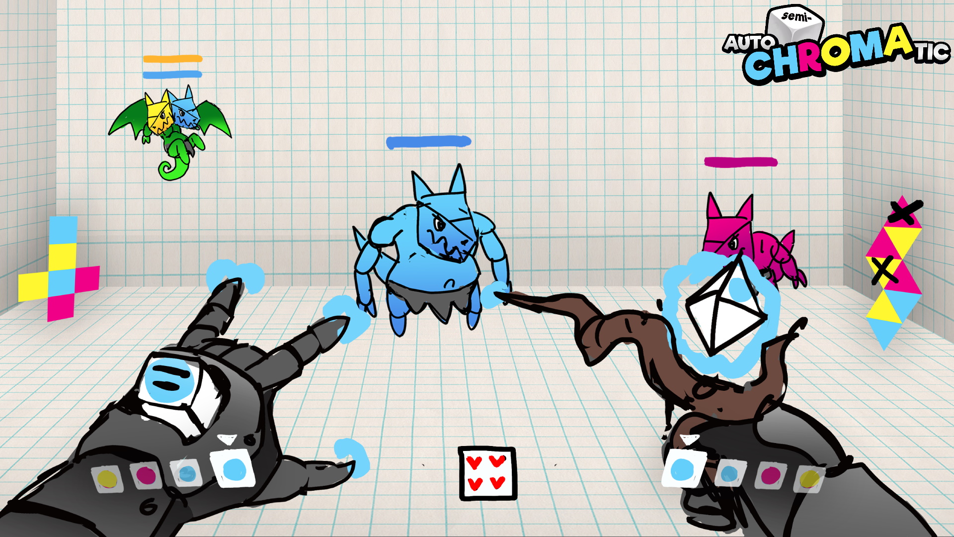 Concept art showing ideas for the cyan enemy, magenta enemy, and a combined cyan/yellow enemy with a two heads and a green body. The final project's UI layout can be seen, with two hands in the bottom corners, upcoming ammo types, 3D shape nets, and a health die shown. The game logo can be seen in the top right.