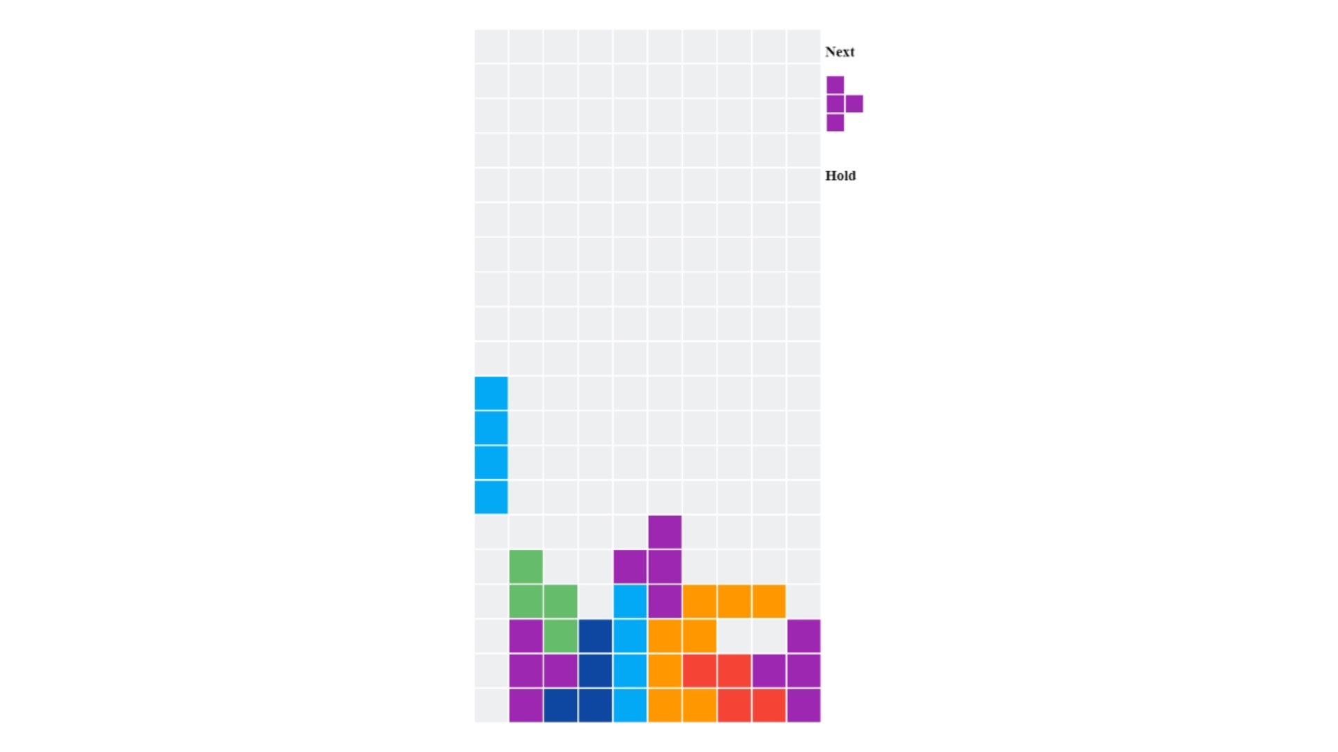 An in progress board from a game of Tetris. A line piece is about to fall into a well on the left side of the board, only clearing the bottom two lines. The next piece shown will be a T piece, and there is no piece being held in reserve.