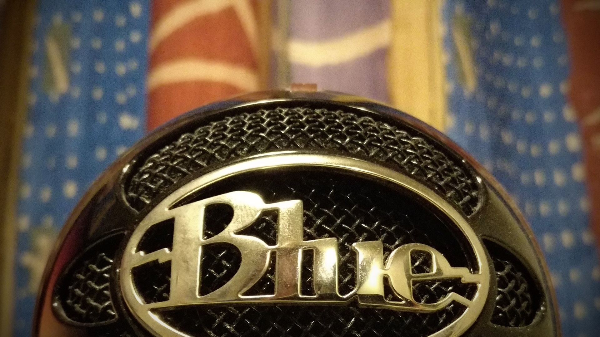 A close up photograph of a Blue Snowball microphone.